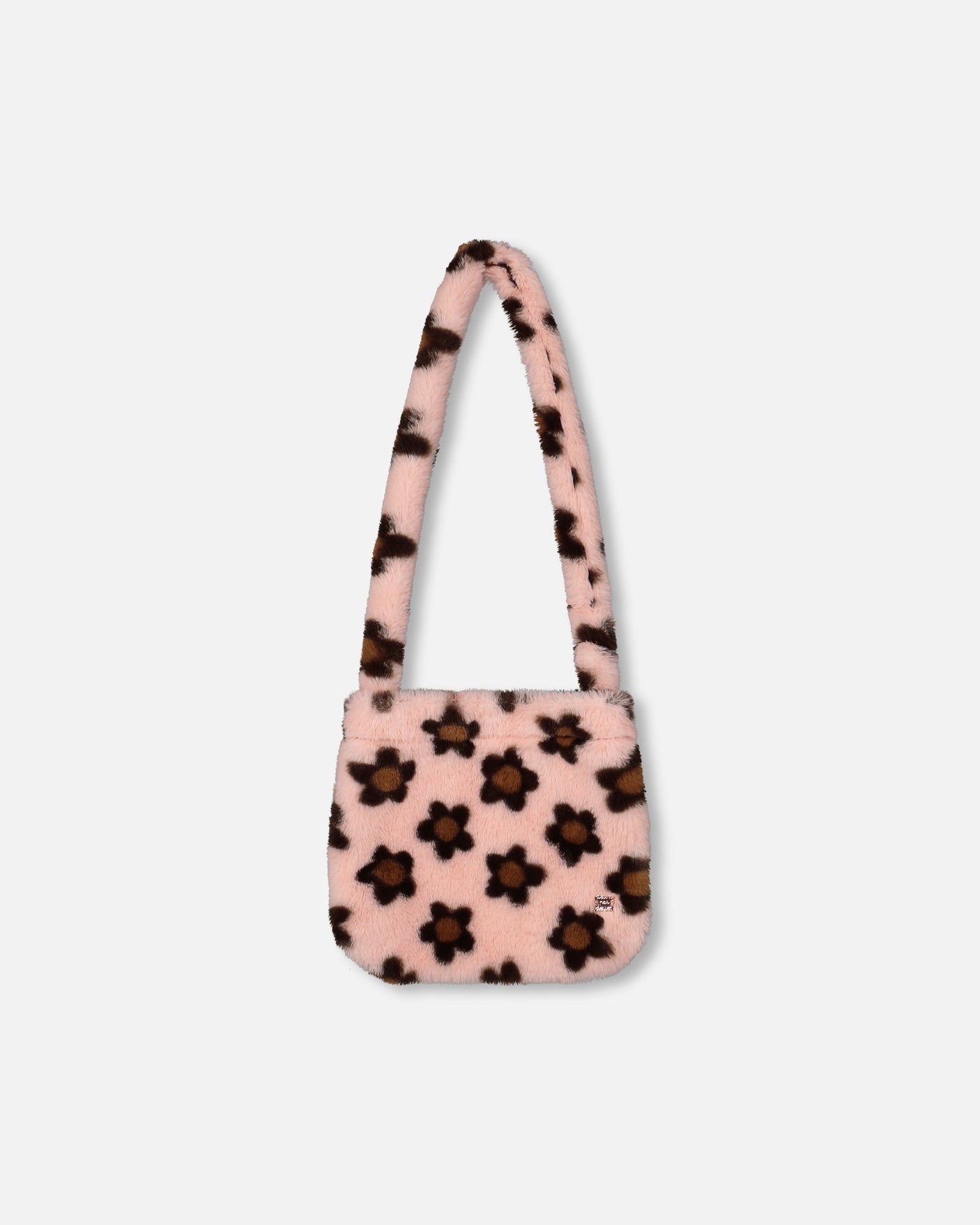Faux Fur Shoulder Bag Pink Printed With Brown Flowers-0