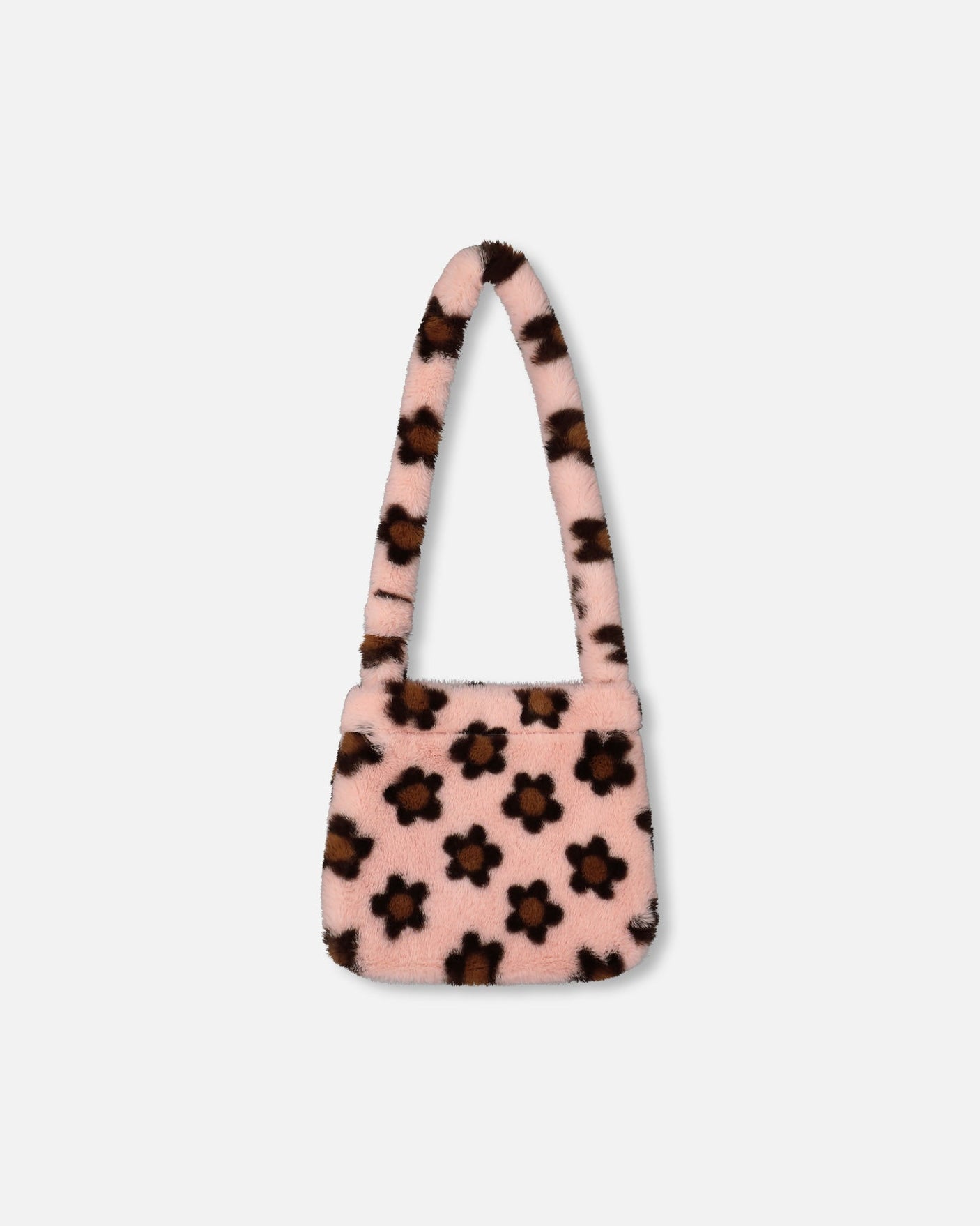 Faux Fur Shoulder Bag Pink Printed With Brown Flowers-2