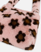 Faux Fur Shoulder Bag Pink Printed With Brown Flowers-3
