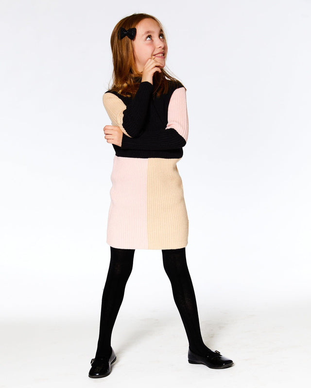 Color Block Knitted Sweater Dress Pink, Beige And Black-2