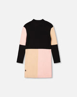 Color Block Knitted Sweater Dress Pink, Beige And Black-3