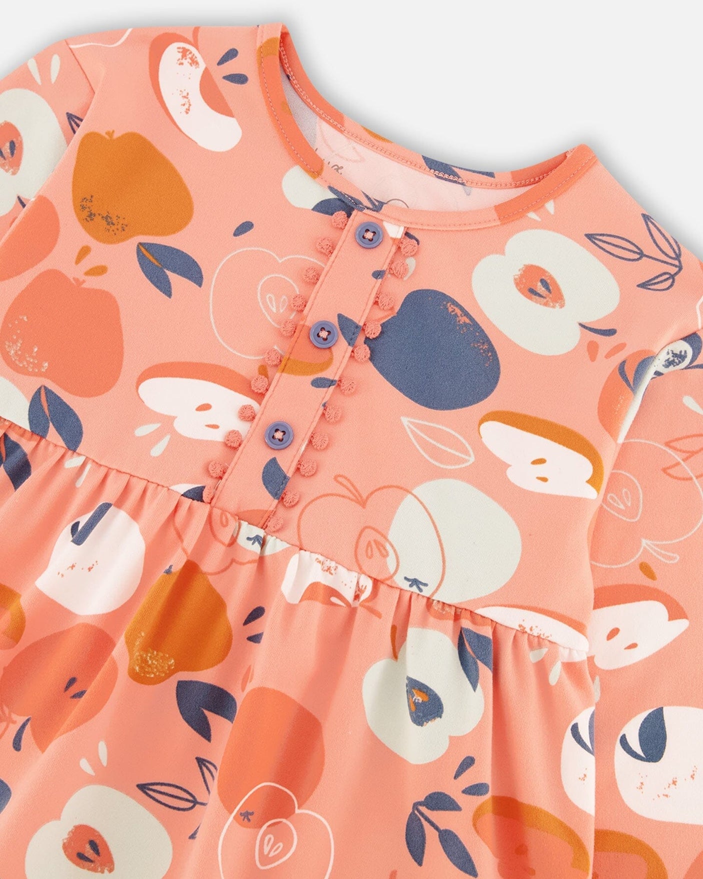 Brushed Jersey Long Sleeve Dress Salmon Pink Apple Print-3