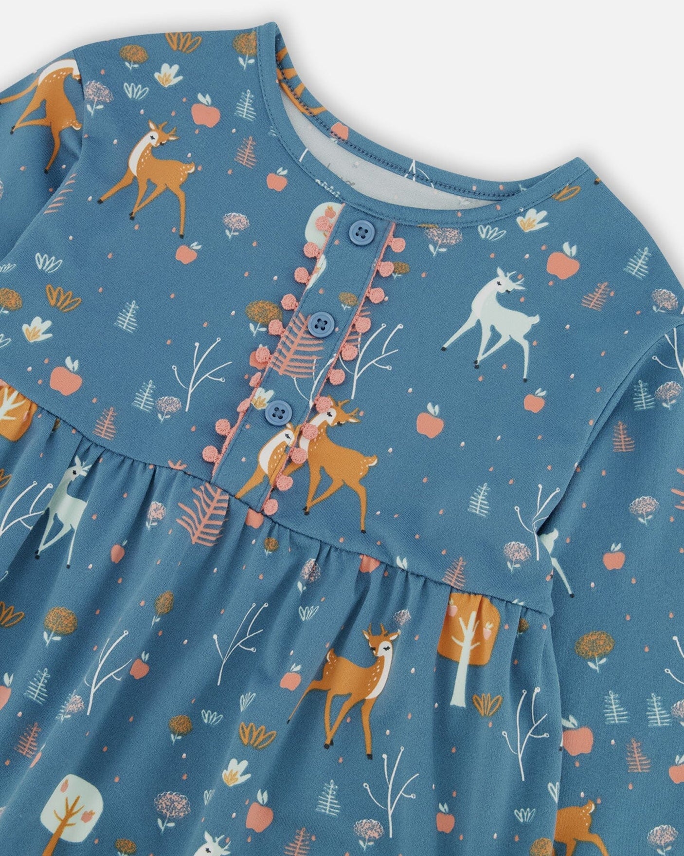 Brushed Jersey Long Sleeve Dress Teal Blue Fawns And Apples Print-4
