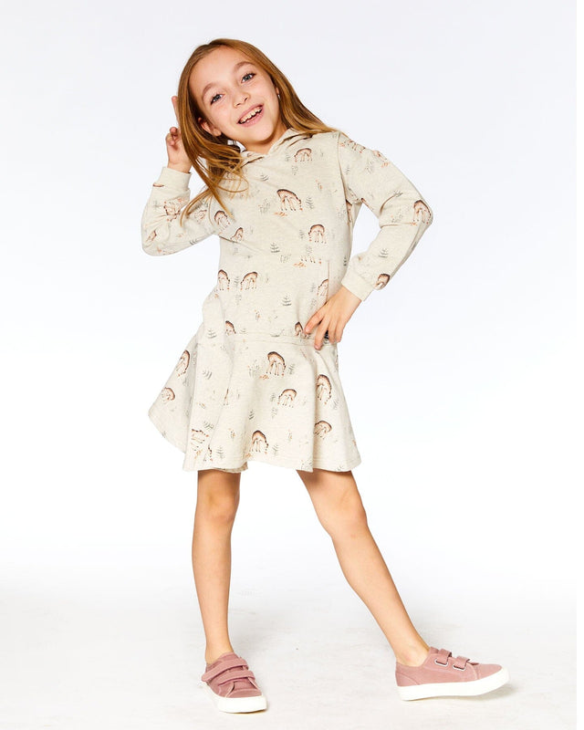 Hooded French Terry Dress Oatmeal Mix Deer Print-1