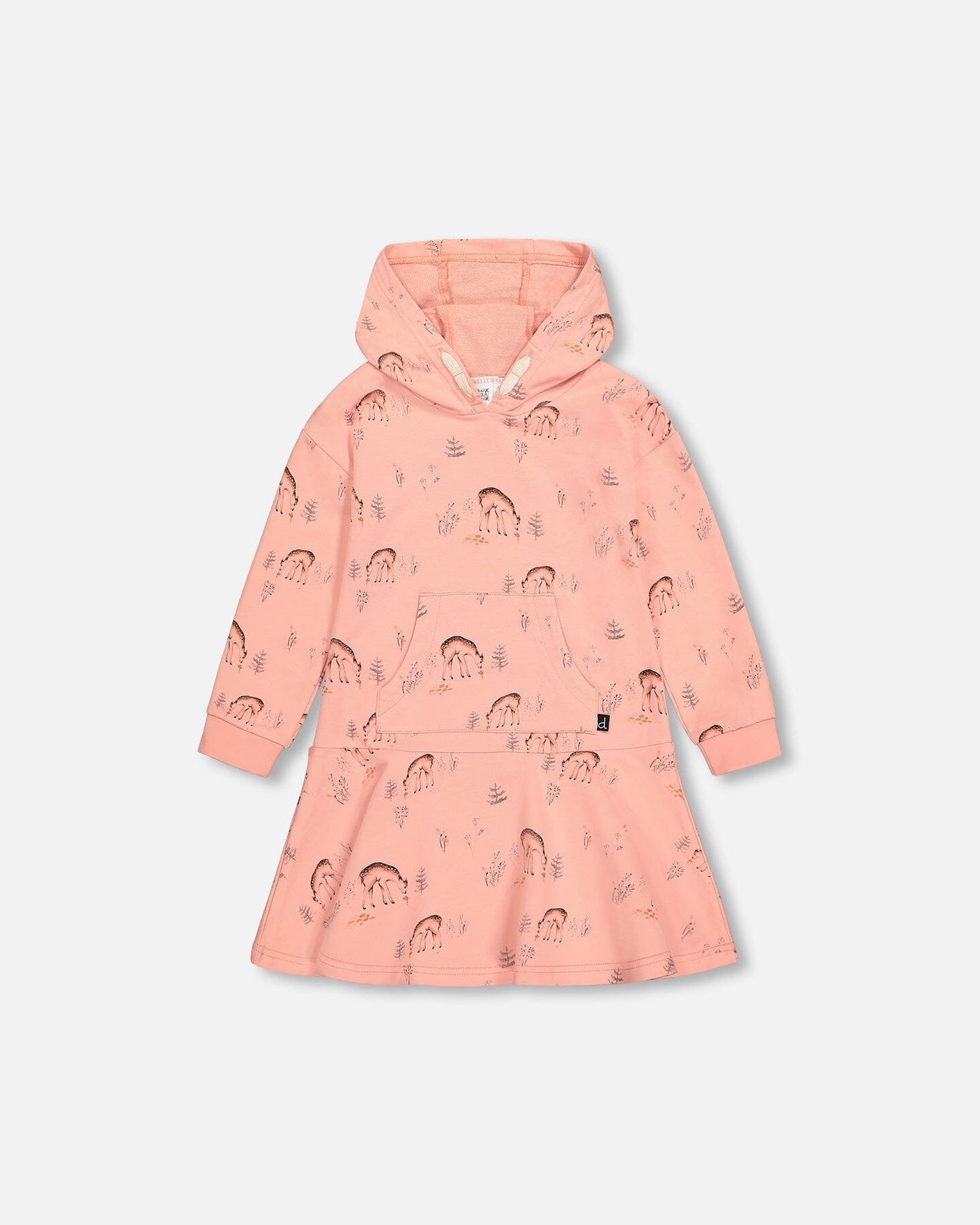 Hooded French Terry Dress Salmon Pink Deer Print-0