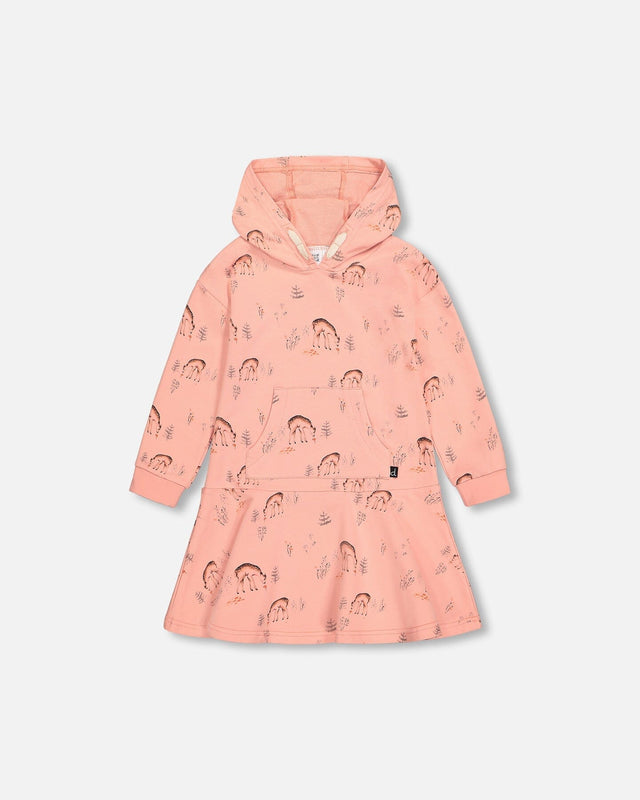 Hooded French Terry Dress Salmon Pink Deer Print-0