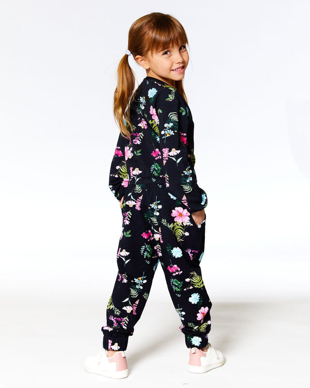 Long Sleeve French Terry Jumpsuit Black Botanical Flowers Print-0