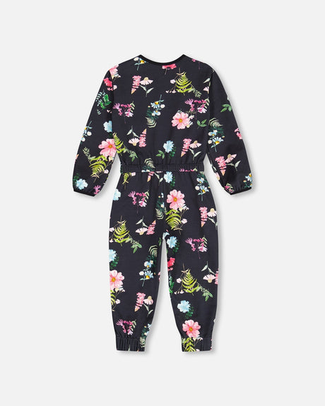 Long Sleeve French Terry Jumpsuit Black Botanical Flowers Print-1