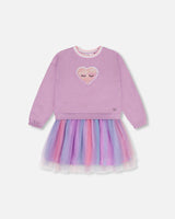 Bi-Material Super Soft Sweatshirt Dress With Rainbow Tulle Skirt Lilac-0