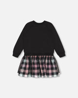 Bi-Material Sweatshirt Dress With Tulle Skirt Black And Colorful Plaid-2