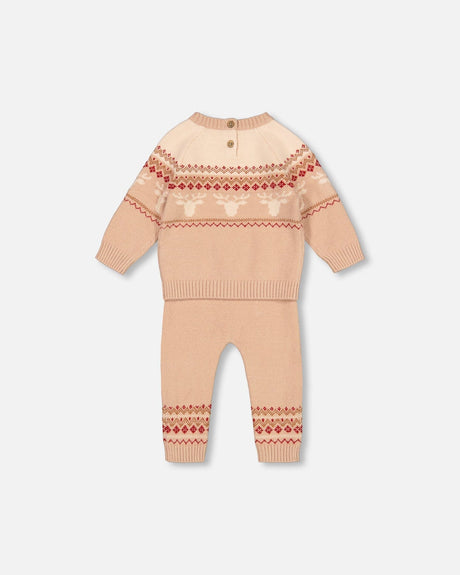 Jacquard Knitted Sweater And Pants Set Beige-1