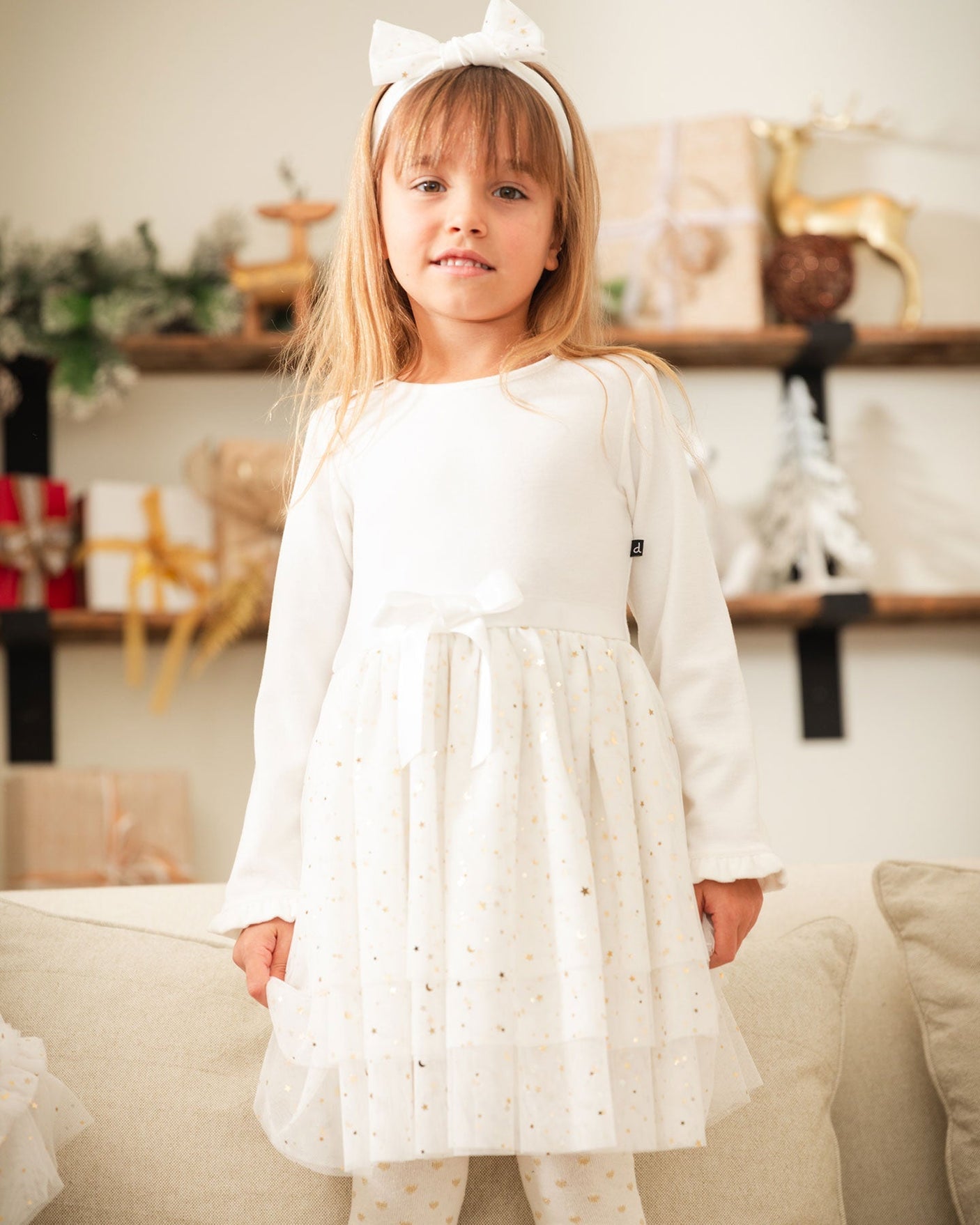 Bi-Material Long Sleeve Dress With Glittering Tulle Skirt Off White-1