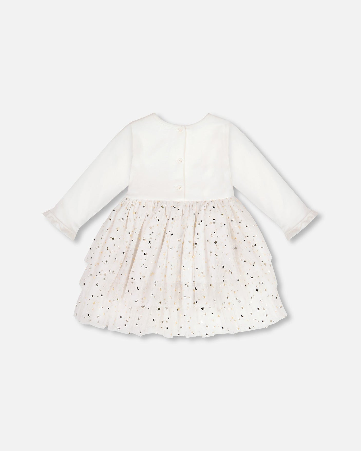 Bi-Material Long Sleeve Dress With Glittering Tulle Skirt Off White-3