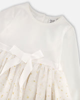 Bi-Material Long Sleeve Dress With Glittering Tulle Skirt Off White-4