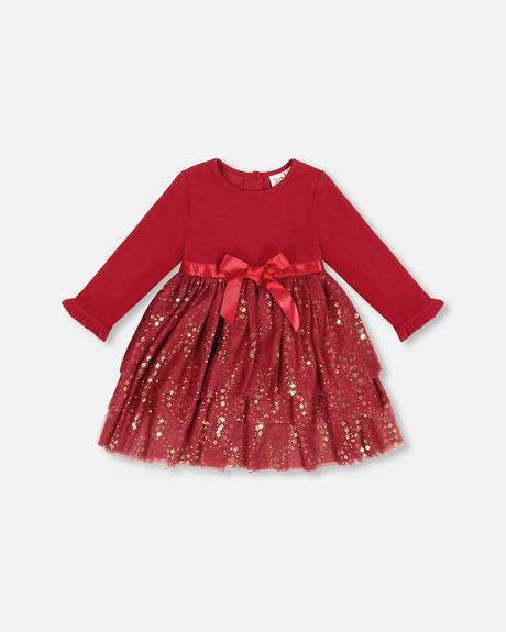 Bi-Material Long Sleeve Dress With Glittering Tulle Skirt Burgundy-0