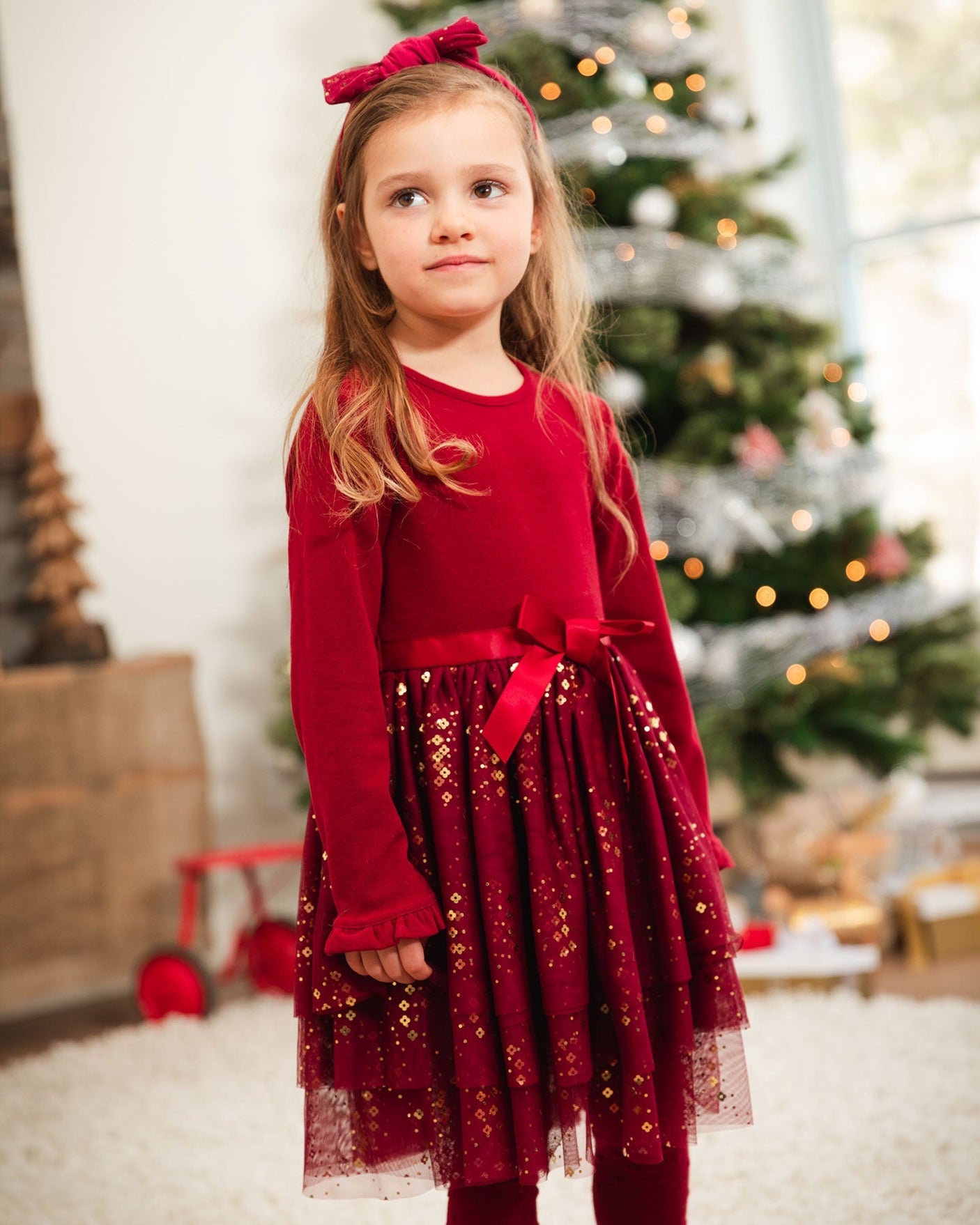 Bi-Material Long Sleeve Dress With Glittering Tulle Skirt Burgundy-1