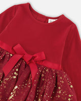 Bi-Material Long Sleeve Dress With Glittering Tulle Skirt Burgundy-4