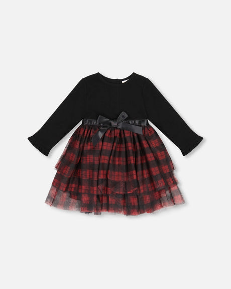 Bi-Material Black Long Sleeve Dress With Tulle Skirt Buffalo Plaid-0