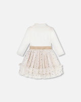 Bi-Material Mock Neck Dress With Glittering Tulle Skirt Off White-3