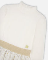 Bi-Material Mock Neck Dress With Glittering Tulle Skirt Off White-4