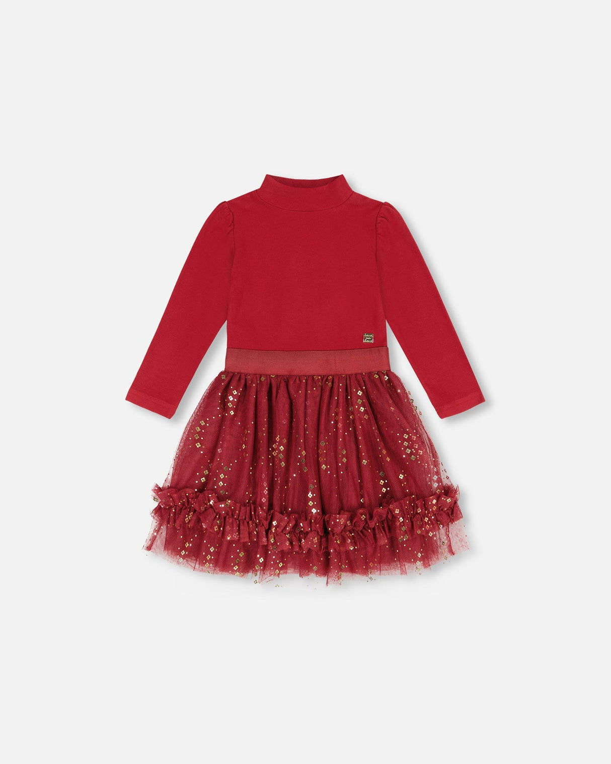 Bi-Material Mock Neck Dress With Glittering Tulle Skirt Burgundy-0