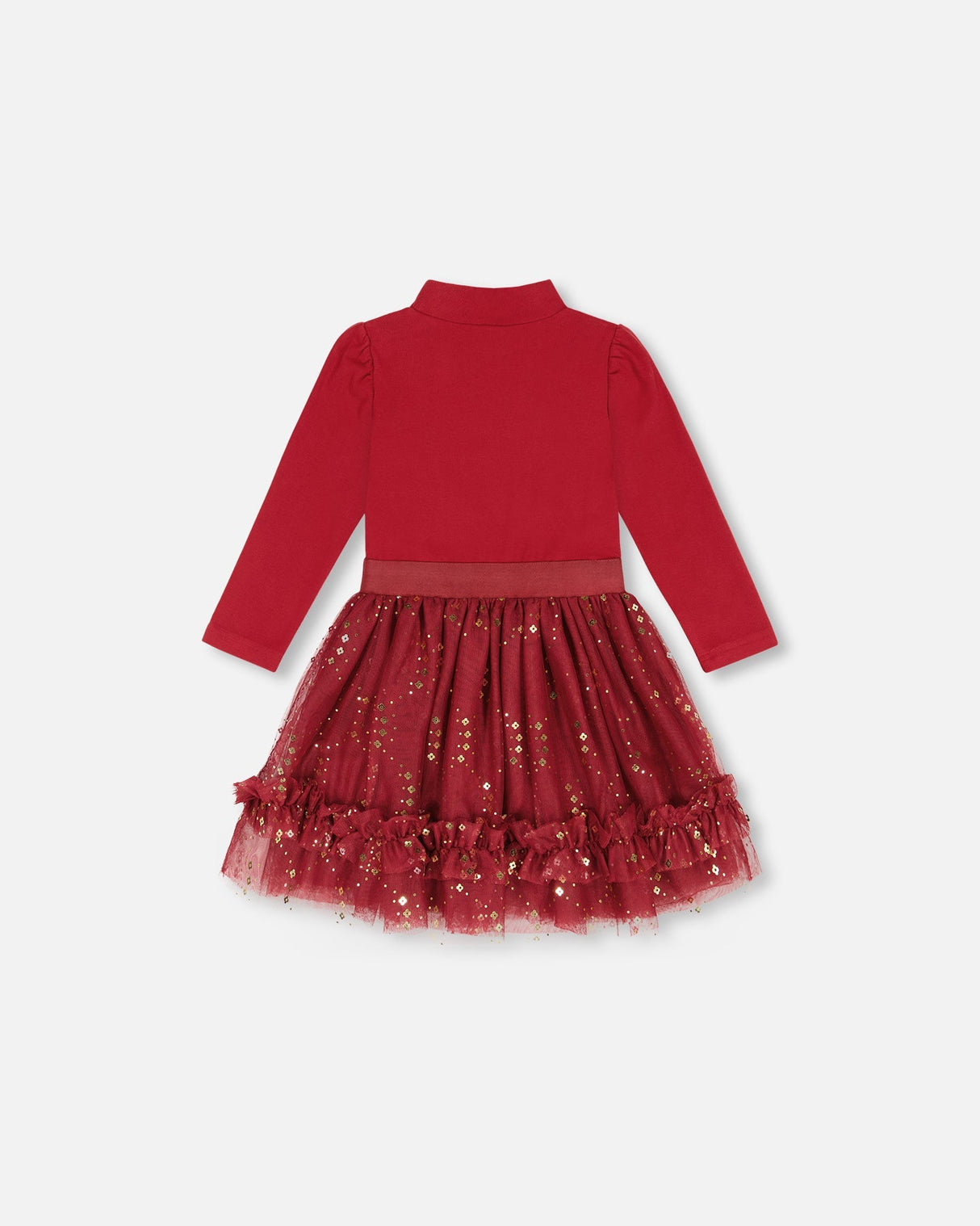 Bi-Material Mock Neck Dress With Glittering Tulle Skirt Burgundy-3