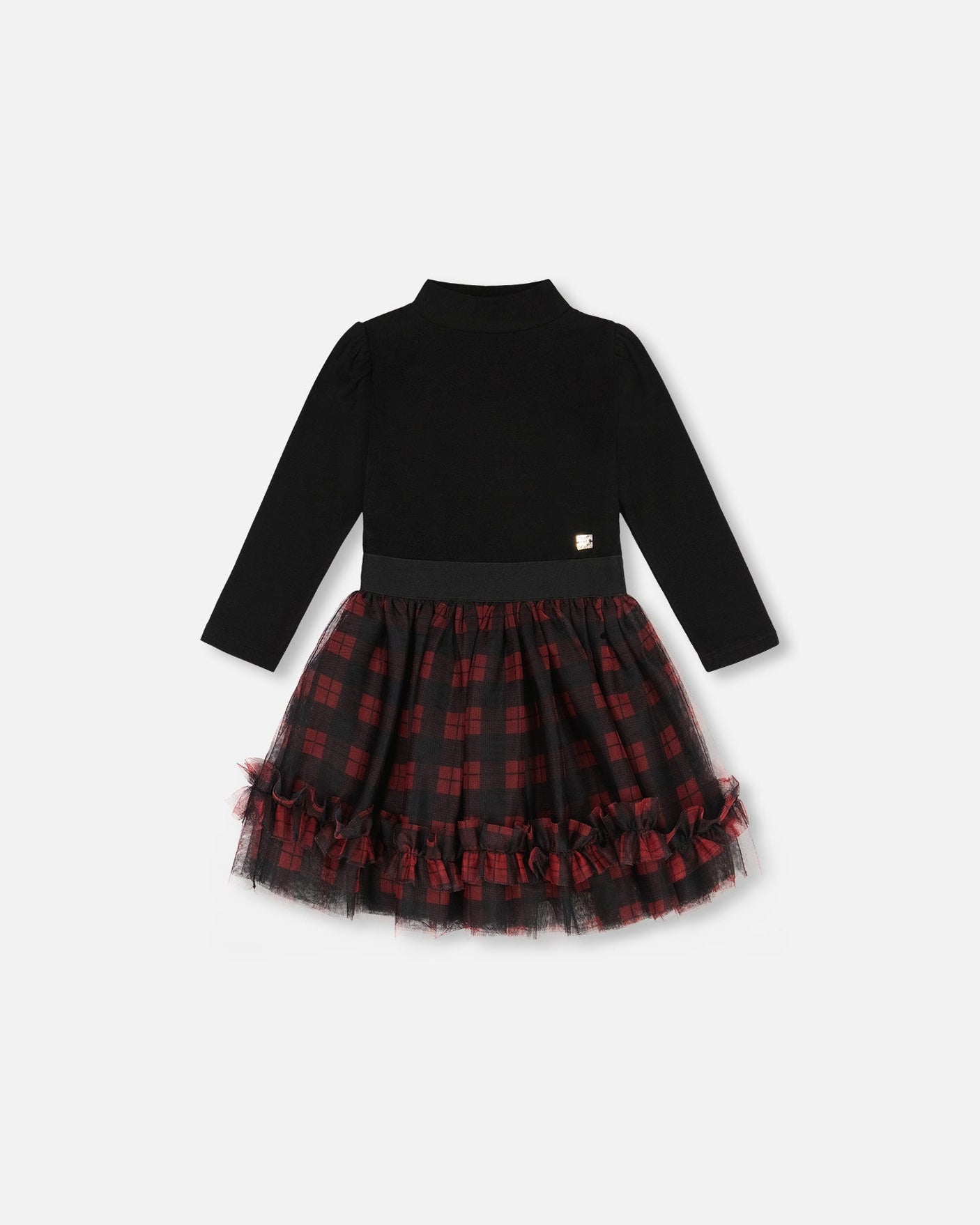 Bi-Material Black Mock Neck Dress With Tulle Skirt Buffalo Plaid-0