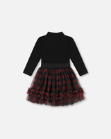 Bi-Material Black Mock Neck Dress With Tulle Skirt Buffalo Plaid-2