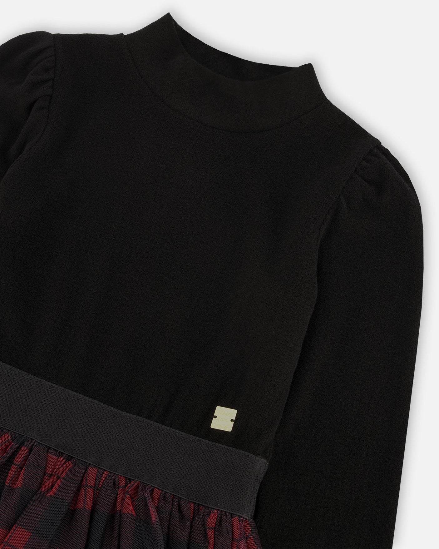 Bi-Material Black Mock Neck Dress With Tulle Skirt Buffalo Plaid-3