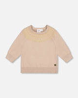 3/4 Sleeve Knitted Sweater Gold Beige-0