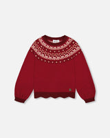 Intarsia Sweater With Long Puff Sleeves Burgundy-0