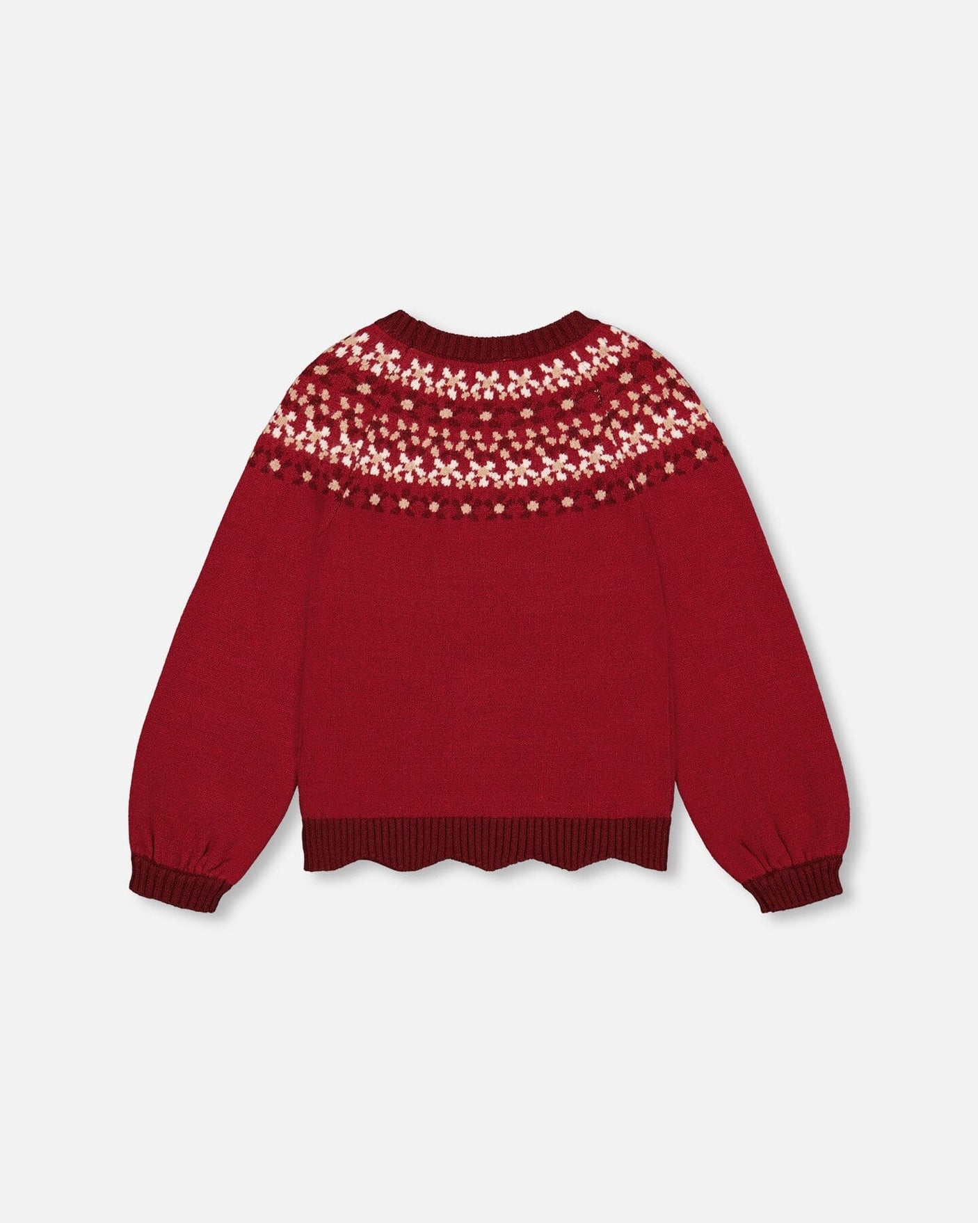 Intarsia Sweater With Long Puff Sleeves Burgundy-2