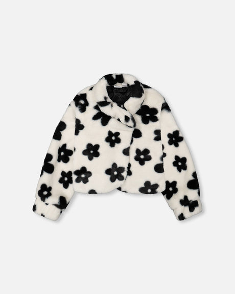 Faux Fur Jacket Off White With Black Flower Pattern-0