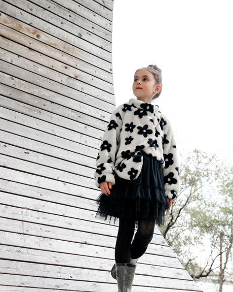 Faux Fur Jacket Off White With Black Flower Pattern-1