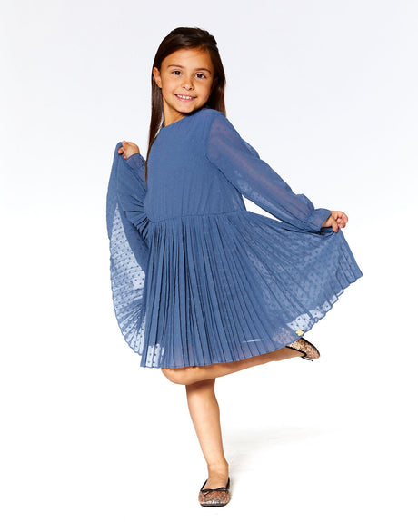 Chiffon Swiss Dot Heart Dress With Pleated Skirt Old Blue-1