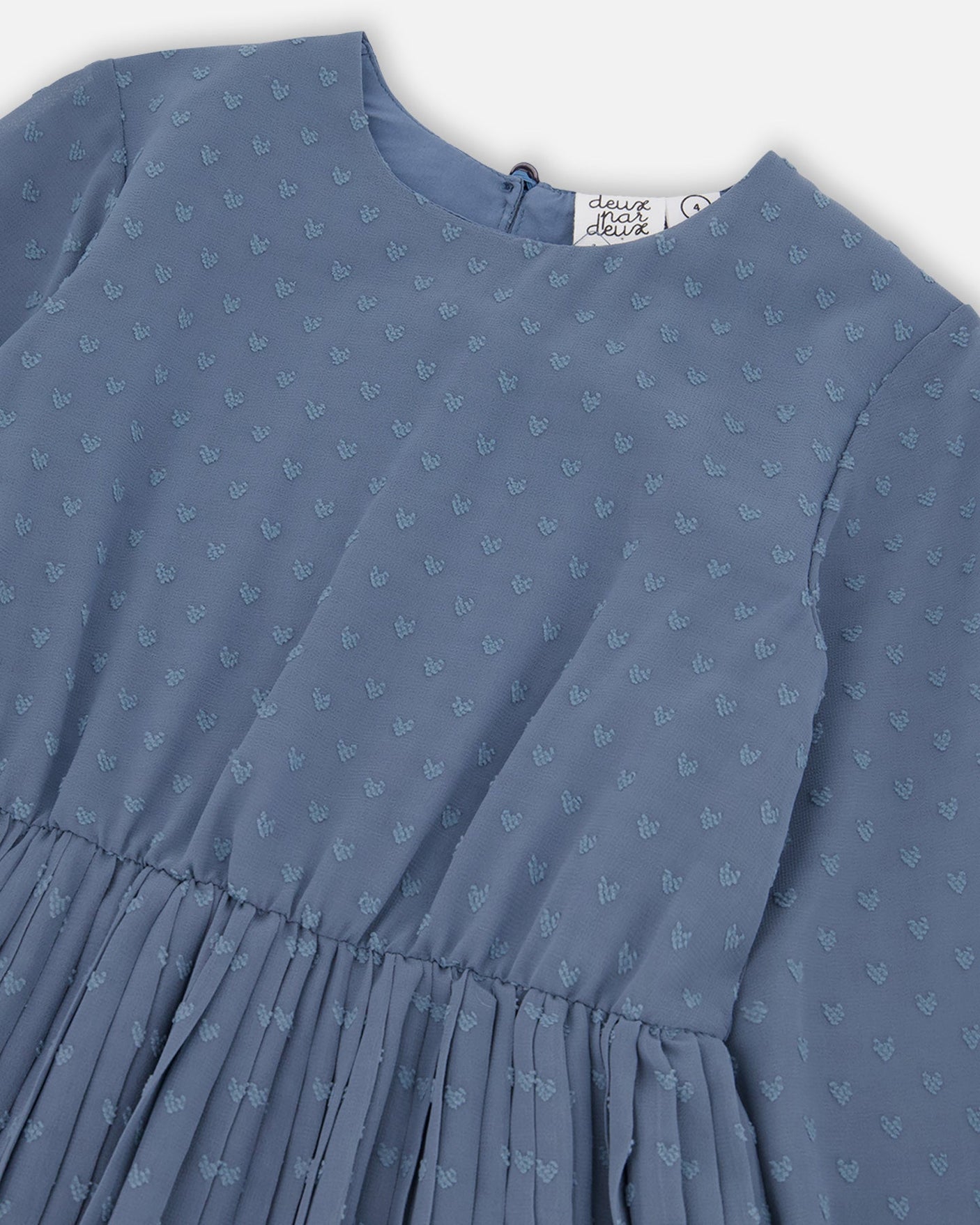 Chiffon Swiss Dot Heart Dress With Pleated Skirt Old Blue-3