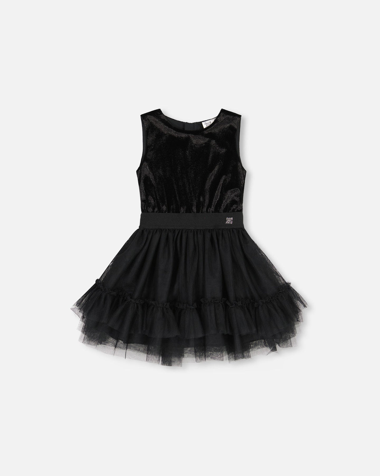 Bi-Material Sleeveless Velvet Dress With Tulle Skirt Black-0