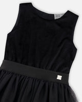 Bi-Material Sleeveless Velvet Dress With Tulle Skirt Black-3