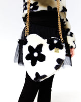 Faux Fur Shoulder Bag Off White With Black Flower Pattern-2