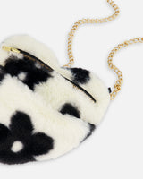Faux Fur Shoulder Bag Off White With Black Flower Pattern-4