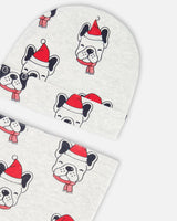 Organic Cotton Printed Christmas Dogs Hat And Bib Set Oatmeal Mix-2