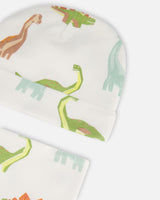 Organic Cotton Printed Dinosaurs Hat And Bib Set Off White-1