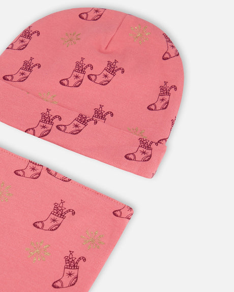 Organic Cotton Printed Christmas Stocking Hat And Bib Set Pink-1