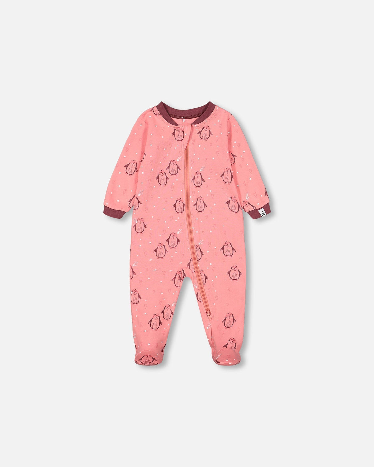 Organic Cotton One Piece Printed Penguins Pajama Pink-0