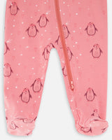 Organic Cotton One Piece Printed Penguins Pajama Pink-2