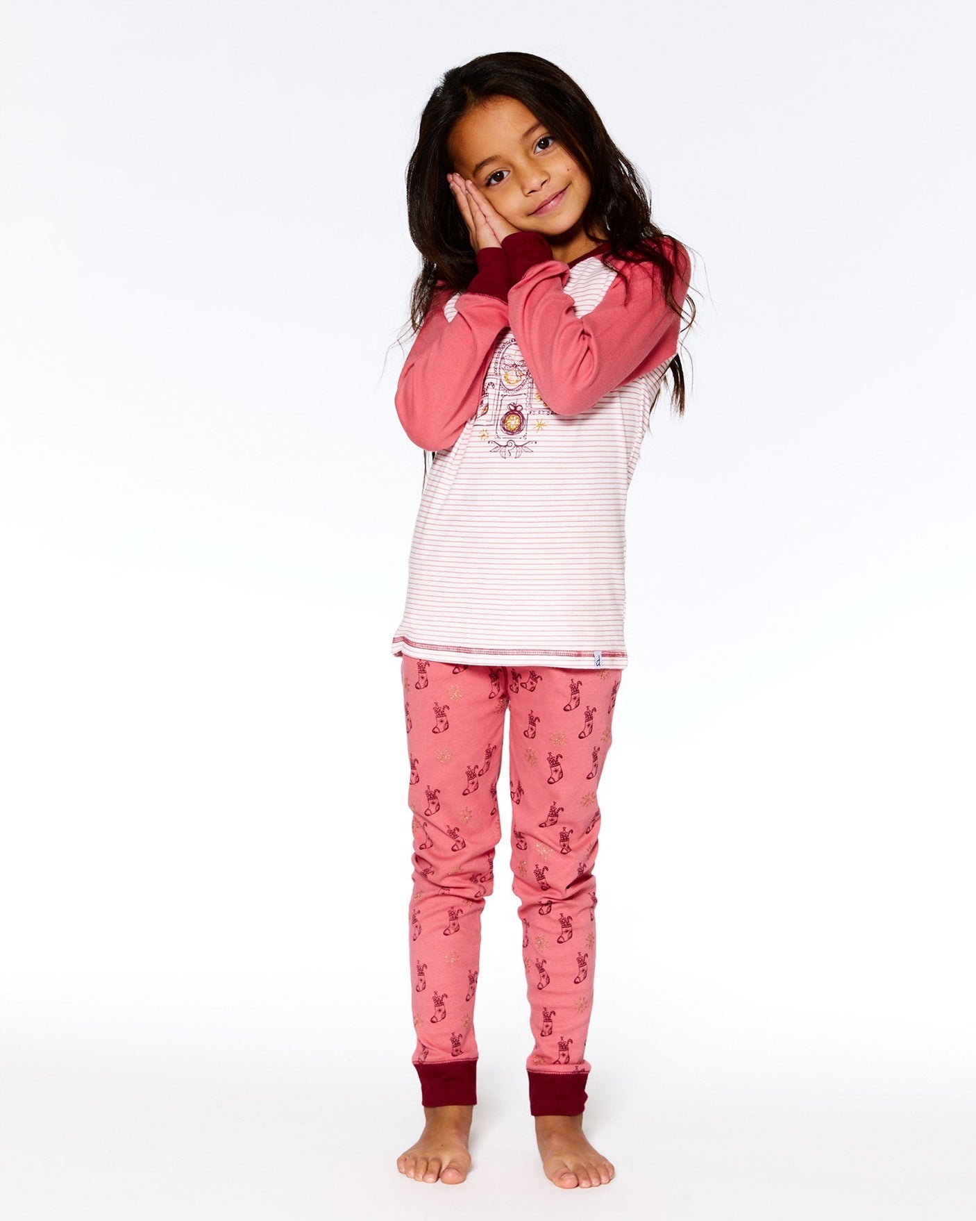 Organic Cotton Long Sleeve Two Piece Pajama Set Pink Christmas Stocking Print-1