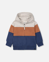 Full Zip Color Block Hooded Fleece Indigo Blue, Brown And Ivory Stripe-0