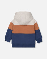 Full Zip Color Block Hooded Fleece Indigo Blue, Brown And Ivory Stripe-2
