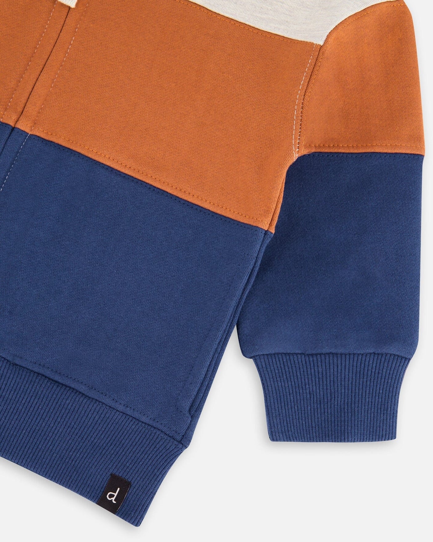 Full Zip Color Block Hooded Fleece Indigo Blue, Brown And Ivory Stripe-3