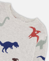 Intarsia Sweater Oatmeal Mix With Dinosaurs-4